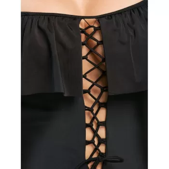 Lace Up Open Back Swimsuit - Black