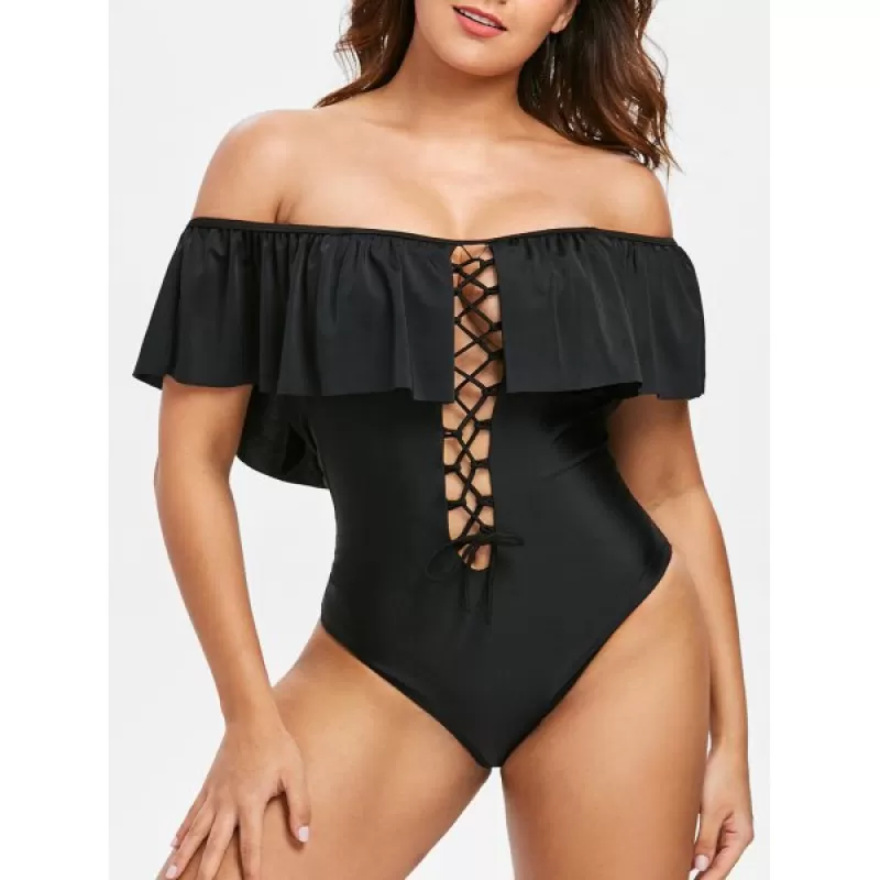 Lace Up Open Back Swimsuit - Black