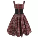 Lace Up Plaid Ruched Tied A Line Dress - Red Wine