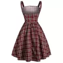 Lace Up Plaid Ruched Tied A Line Dress - Red Wine