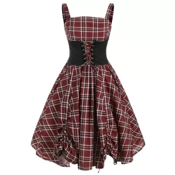 Lace Up Plaid Ruched Tied A Line Dress - Red Wine
