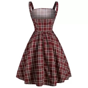 Lace Up Plaid Ruched Tied A Line Dress - Red Wine