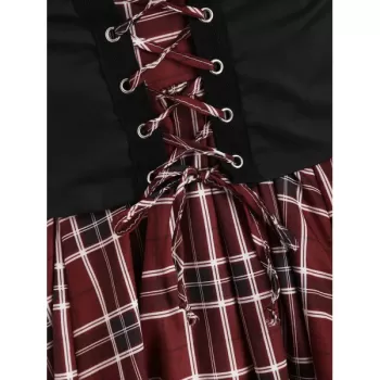 Lace Up Plaid Ruched Tied A Line Dress - Red Wine