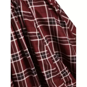 Lace Up Plaid Ruched Tied A Line Dress - Red Wine