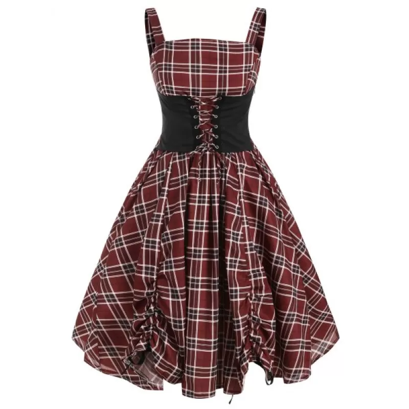 Lace Up Plaid Ruched Tied A Line Dress - Red Wine