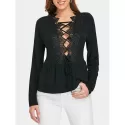 Lace Up Plunge Lace Insert Top - Black