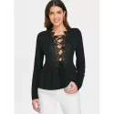 Lace Up Plunge Lace Insert Top - Black