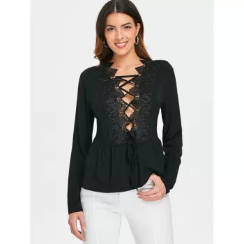 Lace Up Plunge Lace Insert Top - Black