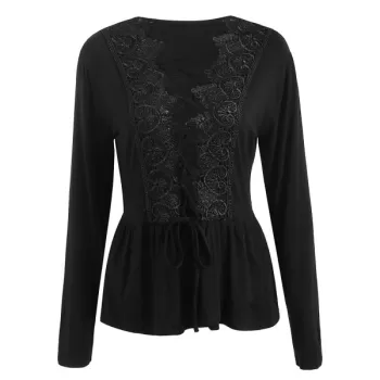 Lace Up Plunge Lace Insert Top - Black