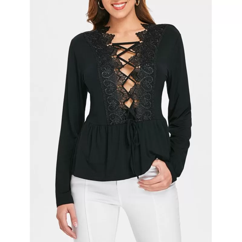 Lace Up Plunge Lace Insert Top - Black