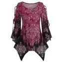 Lace Up Printed Asymmetrical T Shirt - Red Wine