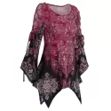 Lace Up Printed Asymmetrical T Shirt - Red Wine