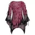 Lace Up Printed Asymmetrical T Shirt - Red Wine