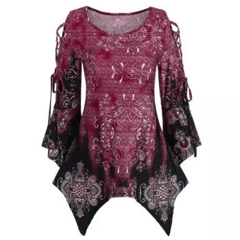 Lace Up Printed Asymmetrical T Shirt - Red Wine