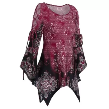 Lace Up Printed Asymmetrical T Shirt - Red Wine