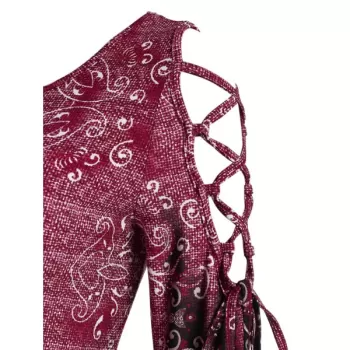 Lace Up Printed Asymmetrical T Shirt - Red Wine