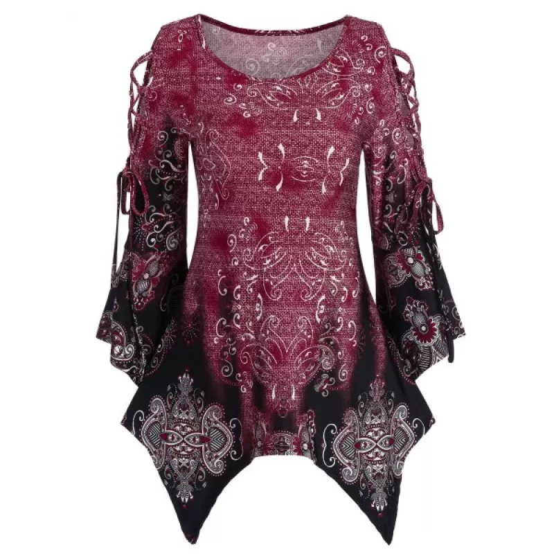 Lace Up Printed Asymmetrical T Shirt - Red Wine