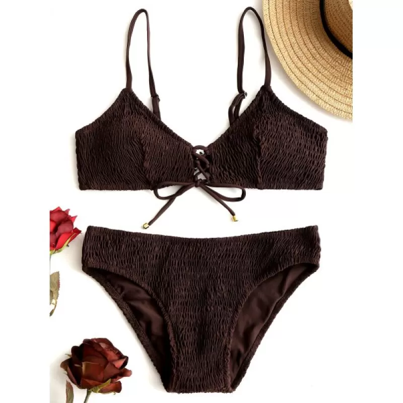 Lace-up hirred Bikini et - Deep Brown