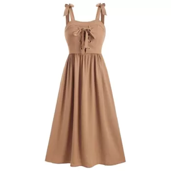 Lace Up olid Tie houlder A Line Dress - Brown ugar