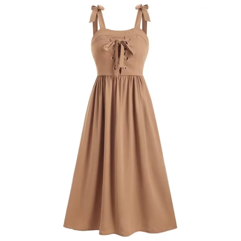 Lace Up olid Tie houlder A Line Dress - Brown ugar