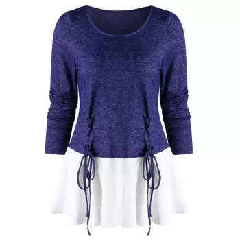 Lace Up Spliced Long Sleeves Top - Dark Slate Blue