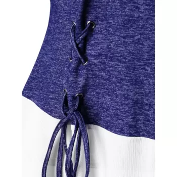 Lace Up Spliced Long Sleeves Top - Dark Slate Blue