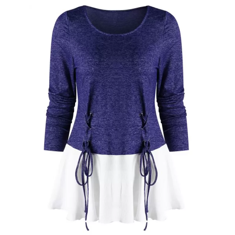 Lace Up Spliced Long Sleeves Top - Dark Slate Blue