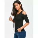 Lace Up V Neck Cold Shoulder Tee - Black