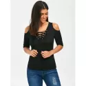 Lace Up V Neck Cold Shoulder Tee - Black