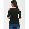 Lace Up V Neck Cold Shoulder Tee - Black
