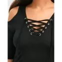 Lace Up V Neck Cold Shoulder Tee - Black