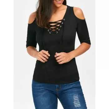 Lace Up V Neck Cold Shoulder Tee - Black