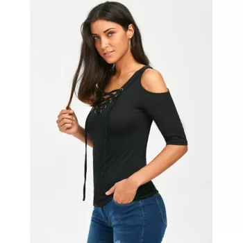 Lace Up V Neck Cold Shoulder Tee - Black