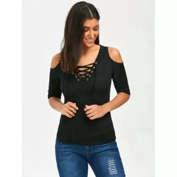 Lace Up V Neck Cold Shoulder Tee - Black