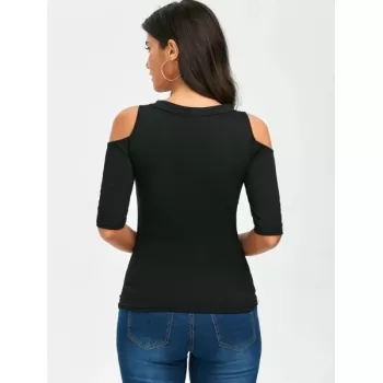 Lace Up V Neck Cold Shoulder Tee - Black