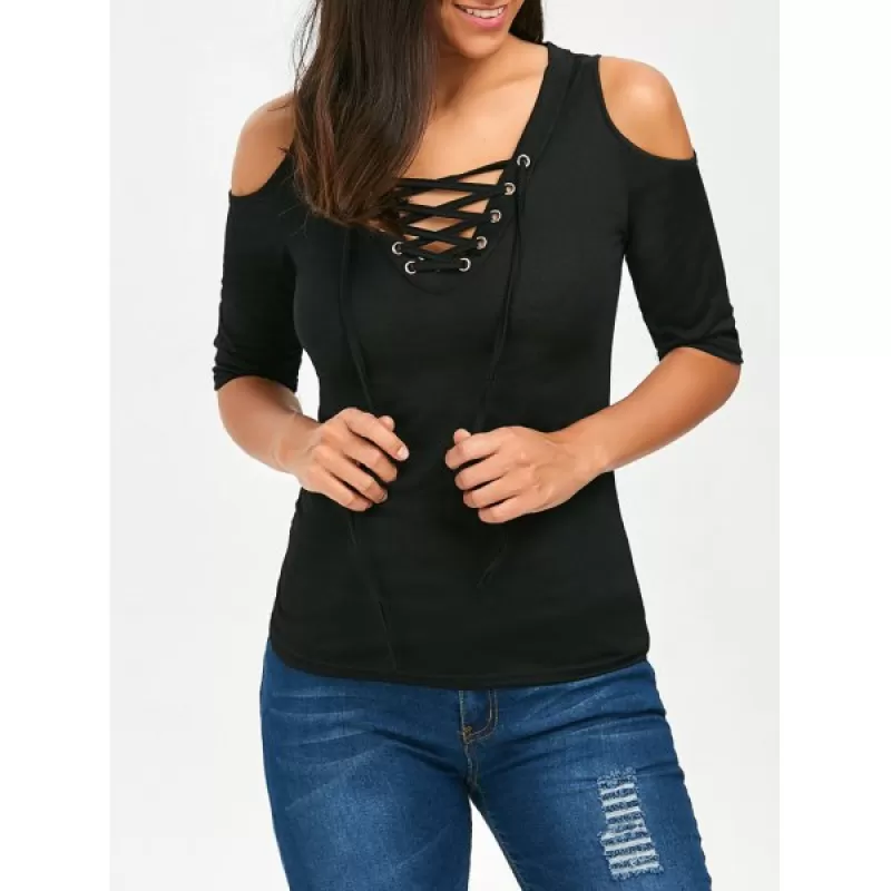 Lace Up V Neck Cold Shoulder Tee - Black