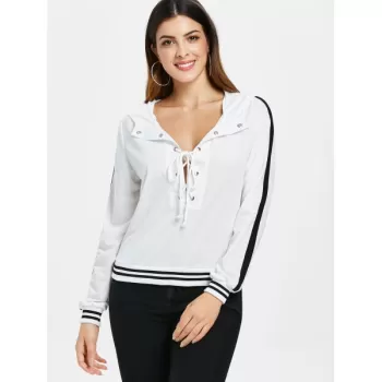 Lacing Collar tripe Edge Hoodie - Milk White