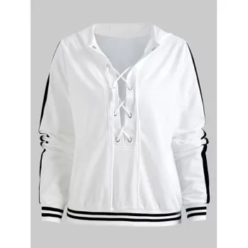 Lacing Collar tripe Edge Hoodie - Milk White