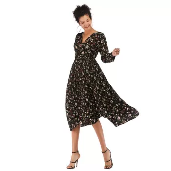 Lady V Collar Long Sleeve Floral Dress - Black