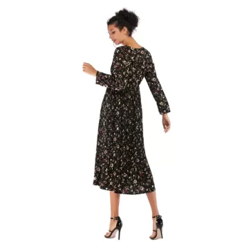 Lady V Collar Long Sleeve Floral Dress - Black
