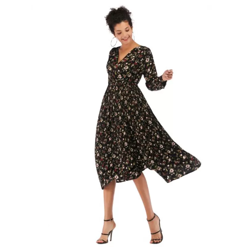 Lady V Collar Long Sleeve Floral Dress - Black