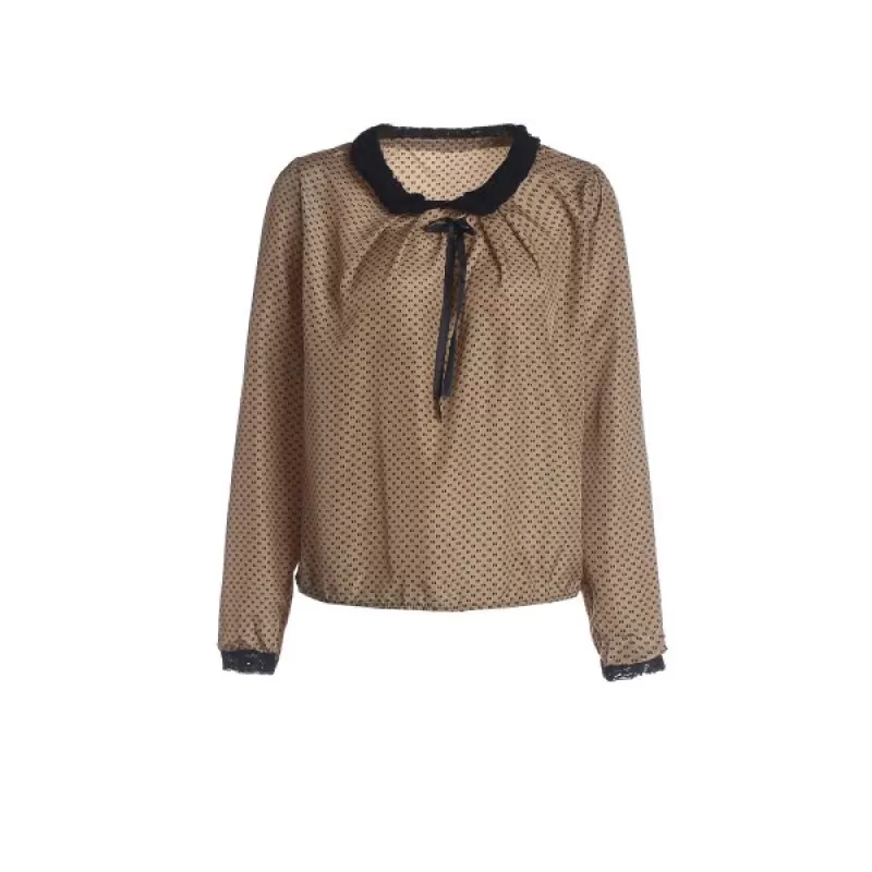 Ladylike Double Lace With Belt Collar Polka Dot Deisgn Long Sleeves Blended Women's Blouse - Coffee One Size(fit Size Xs To