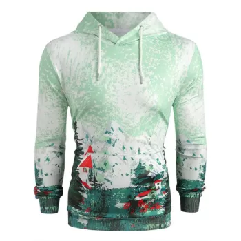 Landscape Print Pullover Hoodie - int Green
