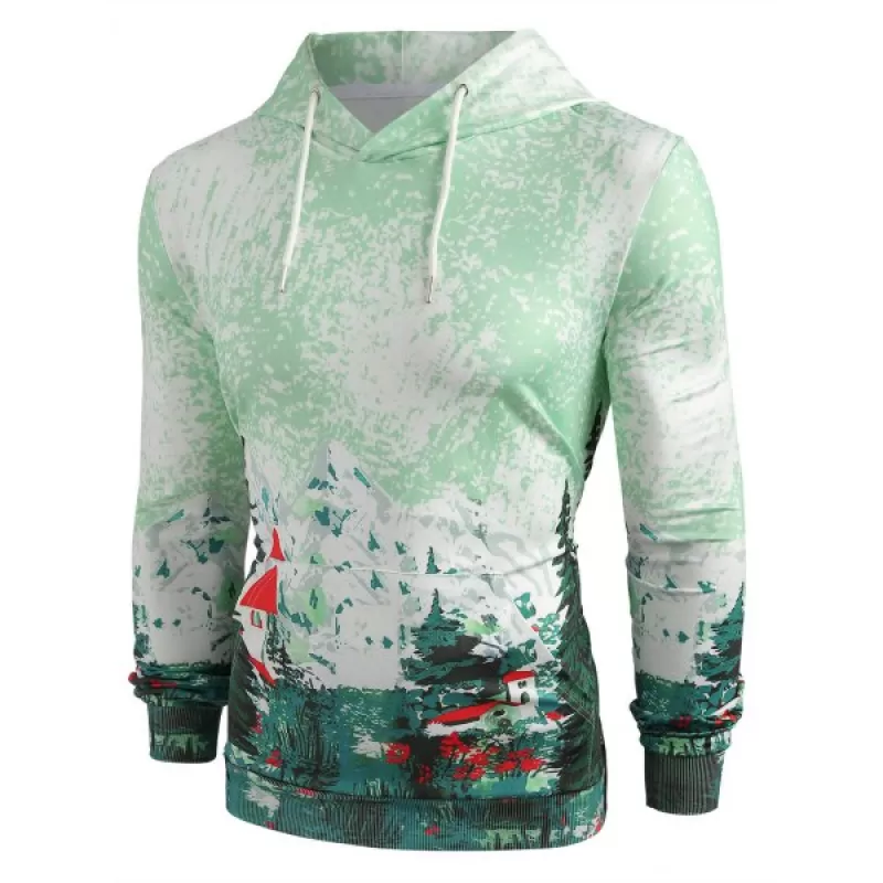 Landscape Print Pullover Hoodie - int Green