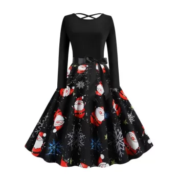 Lattice Christmas anta Claus nowflake Print Midi Dress - Black