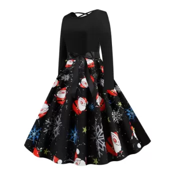 Lattice Christmas anta Claus nowflake Print Midi Dress - Black