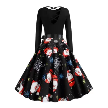 Lattice Christmas anta Claus nowflake Print Midi Dress - Black