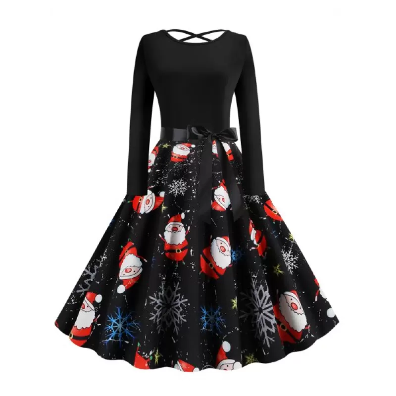 Lattice Christmas anta Claus nowflake Print Midi Dress - Black
