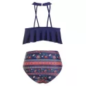 Lattice Flounce Printed High Waisted Tankini wimsuit - Denim Dark Blue
