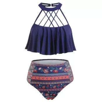 Lattice Flounce Printed High Waisted Tankini wimsuit - Denim Dark Blue